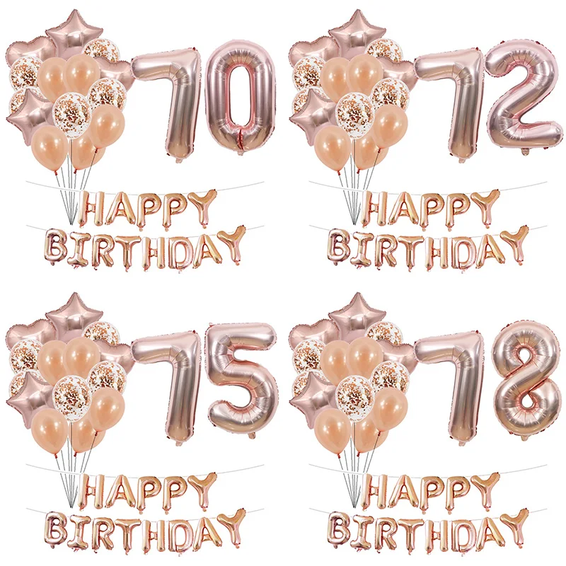 

Rose Gold Coffetti Custom Number Happy 70 71 72 73 74 75 76 77 78 79 Years Birthday Balloons Banners Party Decorations