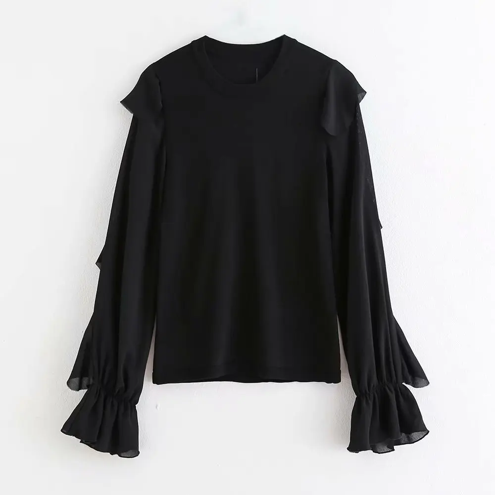 new women o neck ruffles sleeve patchwork thin knitted blouse ladies cascading ruffles chic black shirts femininas tops LS4339
new women o neck ruffles sleeve patchwork thin knitted blouse ladies cascading ruffles chic black shirts femininas tops LS4339