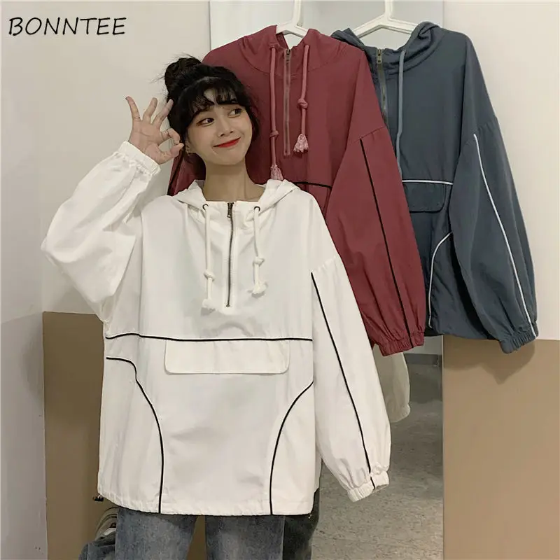 

Jackets Women Popular Teens Daily Patchwork Simple Japan Style BF Design Hooded Summer College Outwear Trendy Leisure All-match