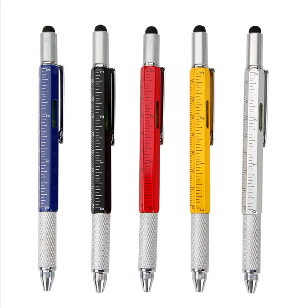 Wielofunkcyjny długopis z piórem, stylusem, płaskim bitem śrubokrętu, czarnym cienkopisem, poziomicą i linijką - Wianko - 1