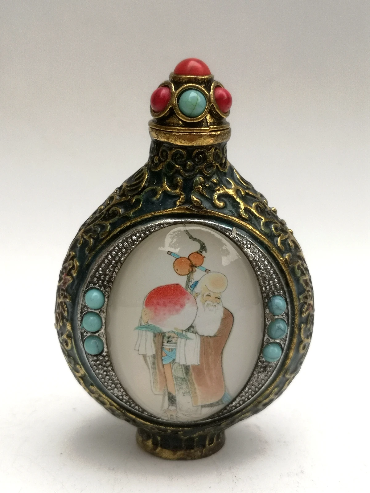 

YIZHU CULTUER ART Collection Old China Cloisonne Bronze Carving Inlay god of longevity god of wealth painting Snuff bottles