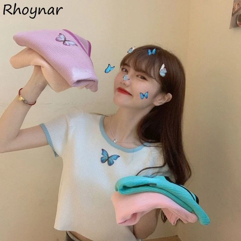 Футболка женская с коротким рукавом, укороченная приталенная Удобная трикотажная уличная одежда с круглым вырезом, с аппликацией для девушек, летняя