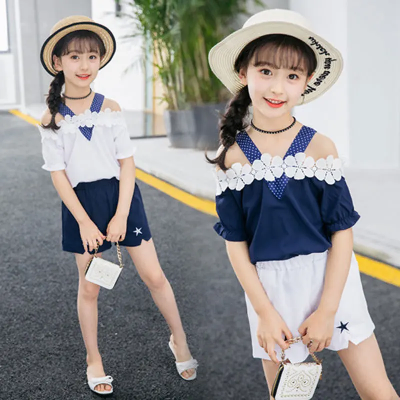 R-Z-2018-Summer-New-Fashion-Sweet-Solid-Color-Off-Shoulder-T-Shirt-Pentagram-Shorts-Girls (1)