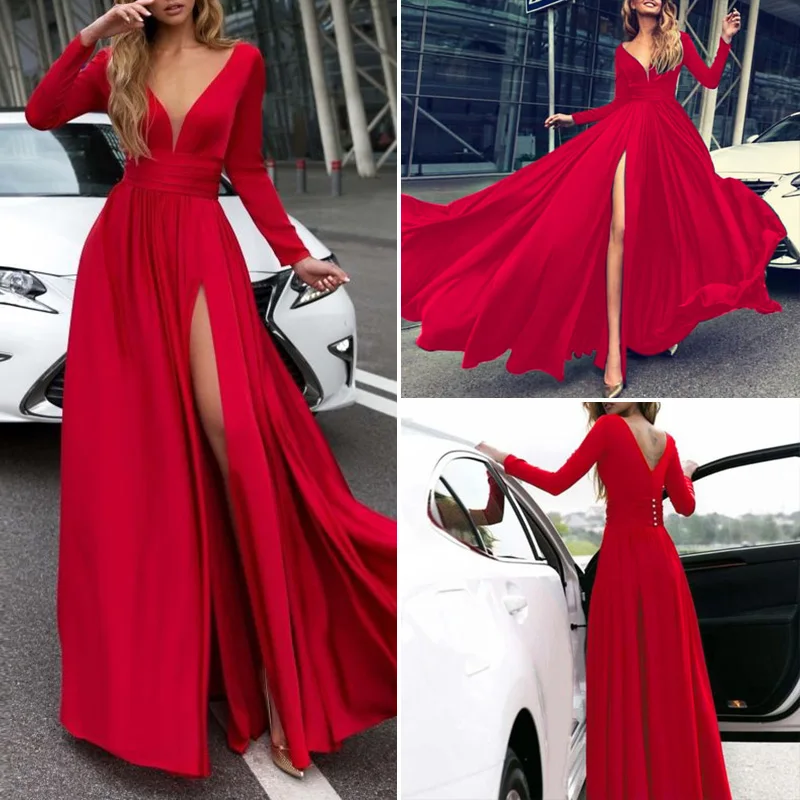 Lady Dress Low Cut Long Sleeve Red High Slit Evening Party Sundress Club Wear Women V-Neck
Lady Dress Low Cut Long Sleeve Red High Slit Evening Party Sundress Club Wear Women V-Neck