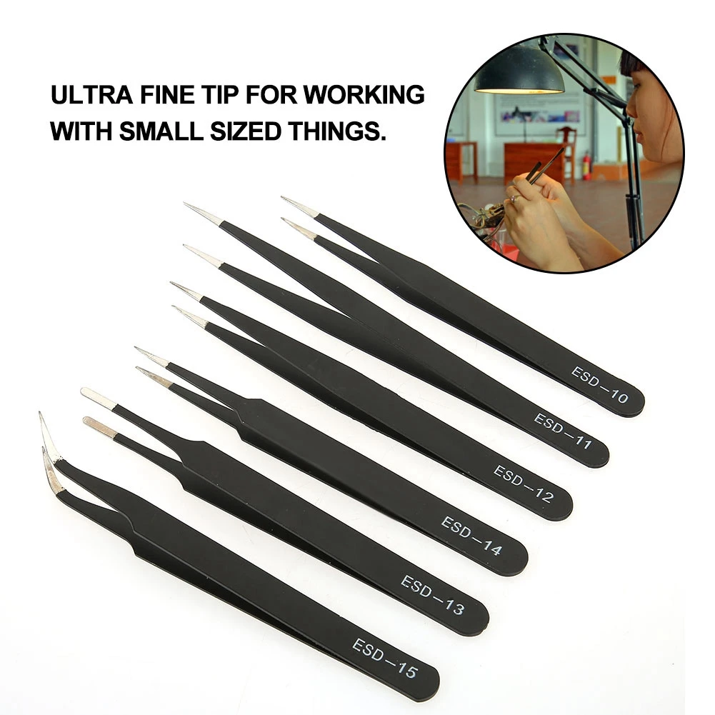 

Universal 6pcs Stainless Steel Tweezers ESD Anti-static Precision Maintenance Industrial Watch Repair Gem Pickup Tool Accessory