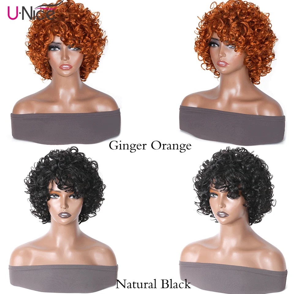 

Unice Hair Fluffy Curly Human Hair Wig Ginger Orange Black Bouncy Curl Hair Wigs with Bang Glueless Wig for Women Pixie Cut Wig
