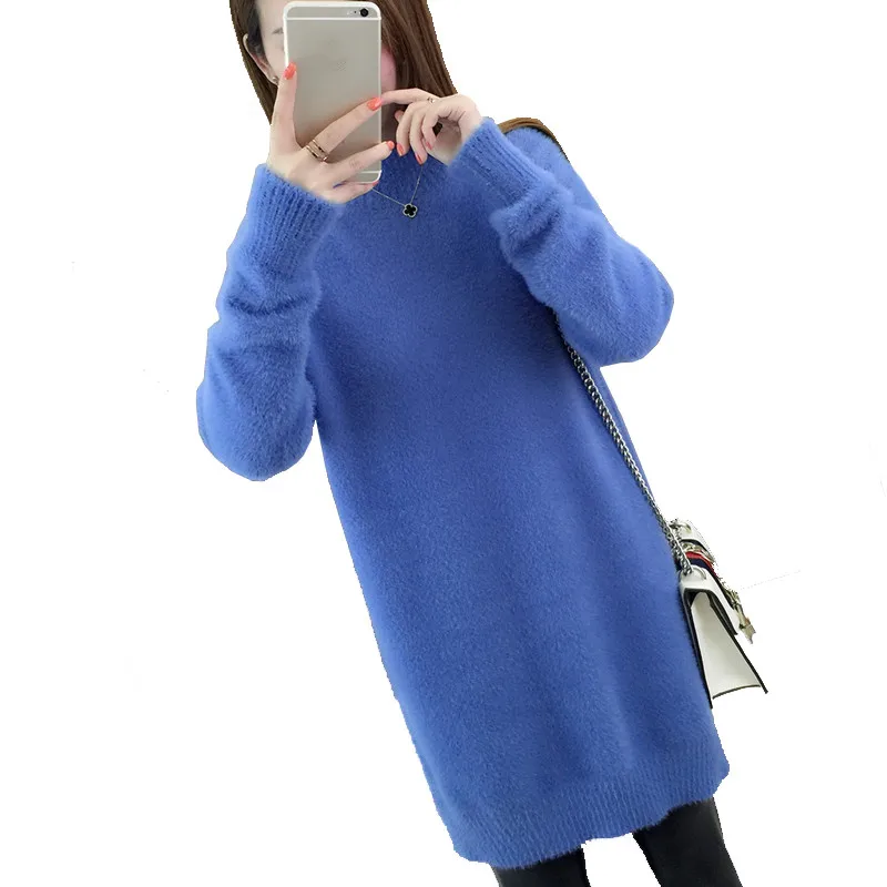 Фото Женское вязаное платье-свитер с длинным рукавом плотный теплый свободный