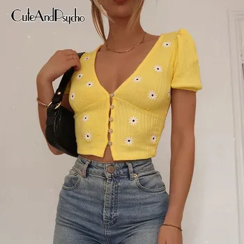 Floral Print Ladies shirts Sexy V-neck Summer Short Shirts with Buttons Streetwear Sweet Women's Slim T-shirts Cuteandpsycho
Floral Print Ladies shirts Sexy V-neck Summer Short Shirts with Buttons Streetwear Sweet Women's Slim T-shirts Cuteandpsycho