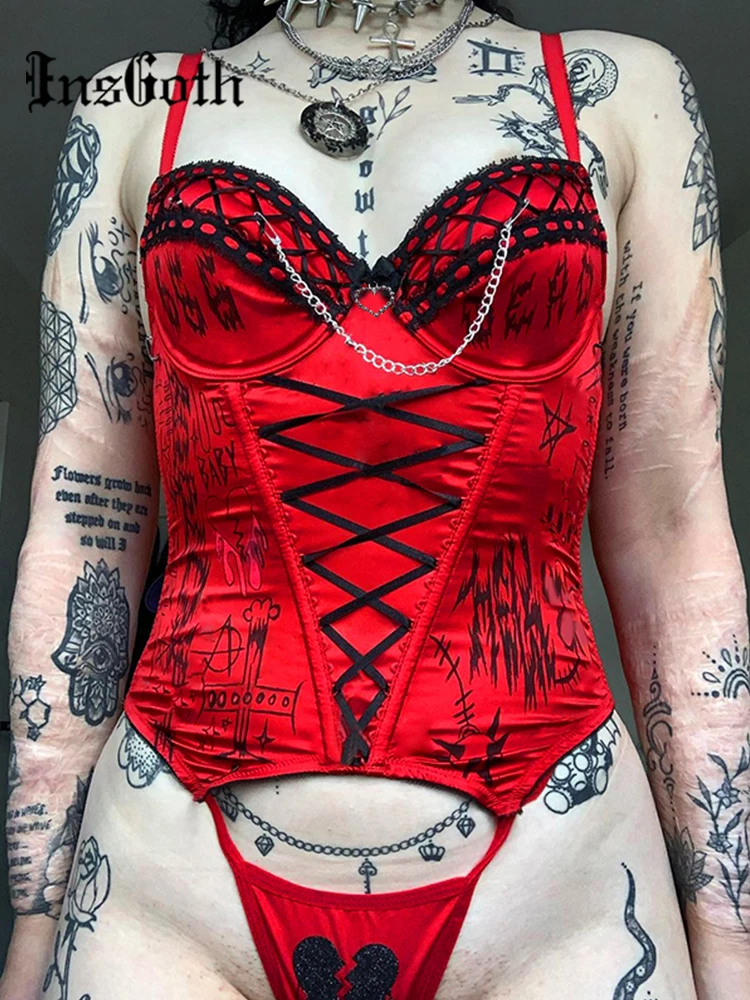 InsGoth Gothic Sexy Lace Up Red Corset Camis Aesthetic Emo Letter Print Backless Crop Tops Y2K Grunge Punk Chain Summer Camisole | Женская