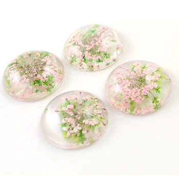 

New Fashion 5pcs 25mm Natural Green And Pink Dried Flowers Flat Back Resin Cabochons Cameo G3-24