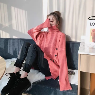 2020 new mid-length turtleneck sweater women's winter loose-fit thickened knitted top 
2020 new mid-length turtleneck sweater women's winter loose-fit thickened knitted top