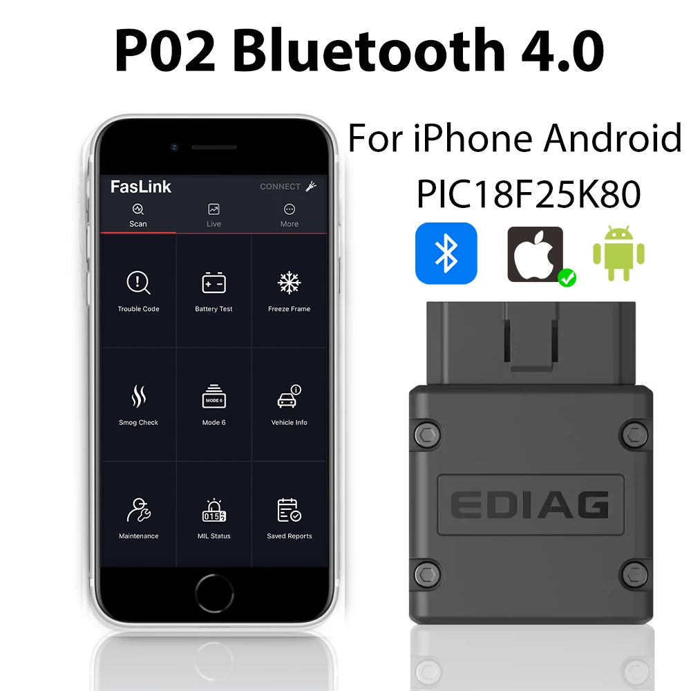 PIC18F25K80 P02 Bluetooth 4.0 For iPhone iOS Android Faslink OBD2 Car Engine Fault Code Reader PK iCar2 ELM 327 V1.5 Diagnostic
PIC18F25K80 P02 Bluetooth 4.0 For iPhone iOS Android Faslink OBD2 Car Engine Fault Code Reader PK iCar2 ELM 327 V1.5 Diagnostic