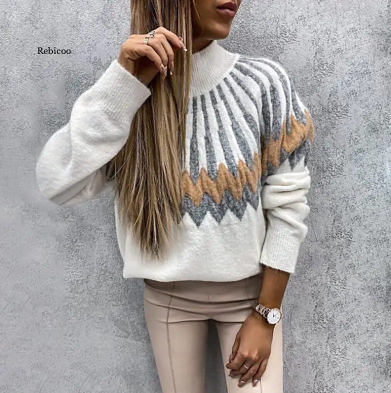 

Autumn Winter Women's Casual Sweater High-Neck Knitting Long Sleeve Contrast Color Loose Tops Pullover Soft Warm Jumper
