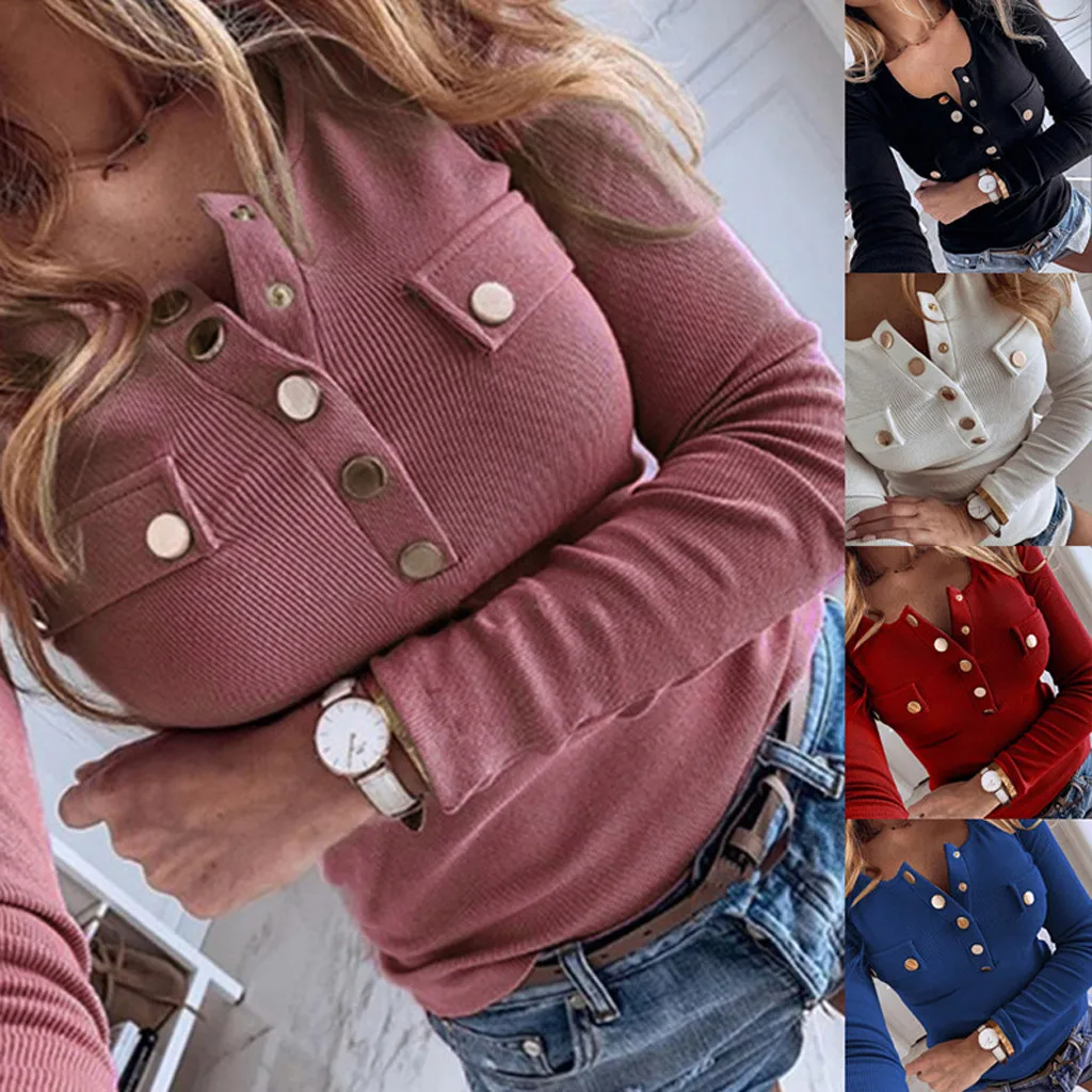 Plus Size Fashion Slim Knit T-Shirt Basic Top Casual Spring Winter Lady Button V-Neck Tops Female Women Long Sleeve Shirt Blusas 
Plus Size Fashion Slim Knit T-Shirt Basic Top Casual Spring Winter Lady Button V-Neck Tops Female Women Long Sleeve Shirt Blusas
