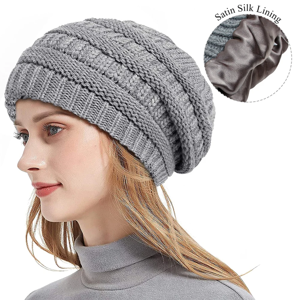 

Winter Knit Beanie Hats for Women Silk Satin Lined Chunky Cap Soft Stretch Cable Knit Warm Slouchy Beanie Hat