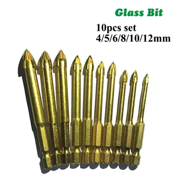 10pc/set Glass Bits Titanium Coated 1/4" Hex Shank Glass Drill Bits Set 4 5 6 8 10 12mm Ceramic Marble Cross Tipped Hole DB02001
10pc/set Glass Bits Titanium Coated 1/4" Hex Shank Glass Drill Bits Set 4 5 6 8 10 12mm Ceramic Marble Cross Tipped Hole DB02001