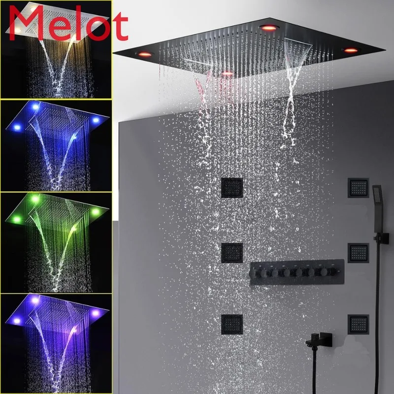 

Luxury Black Shower Head Set Thermostatic Mixer Modern Large 800x600mm Waterfall Rain Spray Shower Panel With 4 Inch Body Jets
