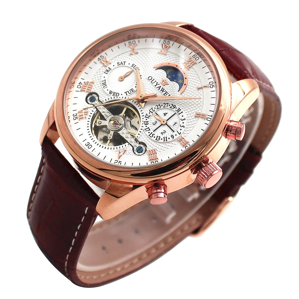 

OUYAWEI Top Luxury Brand Men Watches Rose Gold Wristwatches Automatic Mechanical Watches Men Moon Phase Watch Relogio Masculino