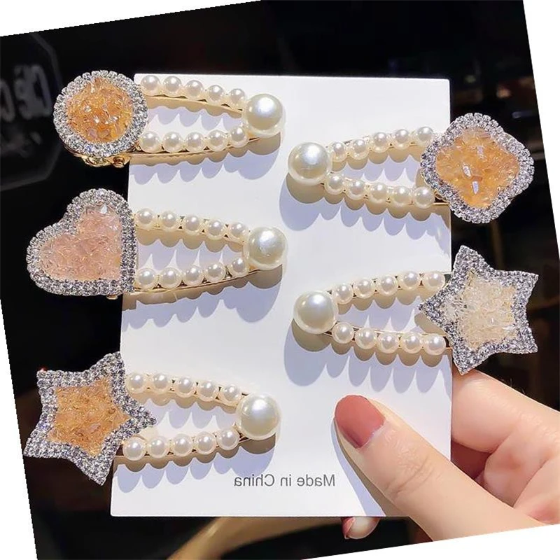 

M MISM 1pc Imitation Pearls Hair Clips For Women/Girls Geometric Rhinestone Hairpins Shining Barrettes Hair Accessories Fashion