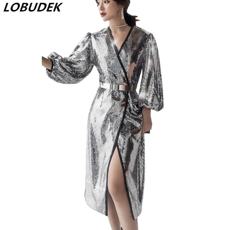 Women Birthday Banquet V-neck Sling Dresses Silver Sequins Puff Sleeve Elegant Long Dress Nightclub Bar Party Glitter Clothes
Women Birthday Banquet V-neck Sling Dresses Silver Sequins Puff Sleeve Elegant Long Dress Nightclub Bar Party Glitter Clothes