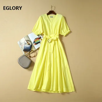 High Quality New 2020 Summer Style Cotton Dress Women V-Neck Short Sleeve Large Swing Mid-Calf Casual Yellow Dress Vestidos
High Quality New 2020 Summer Style Cotton Dress Women V-Neck Short Sleeve Large Swing Mid-Calf Casual Yellow Dress Vestidos
