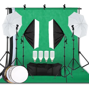 Professional Photography Lighting Equipment Kit with Softbox Reflector Umbrella background stand Backdrops Bulbs Photo Studio 
Professional Photography Lighting Equipment Kit with Softbox Reflector Umbrella background stand Backdrops Bulbs Photo Studio