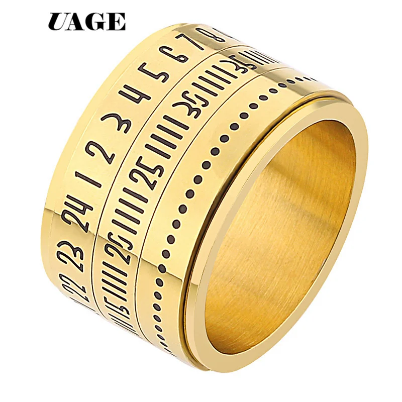 

UAGE Stainless Steel Spinner Ring with Date Time Calendar Rotatable 3 Part Rings for Women Men Jewelry Punk Gold Silver Black