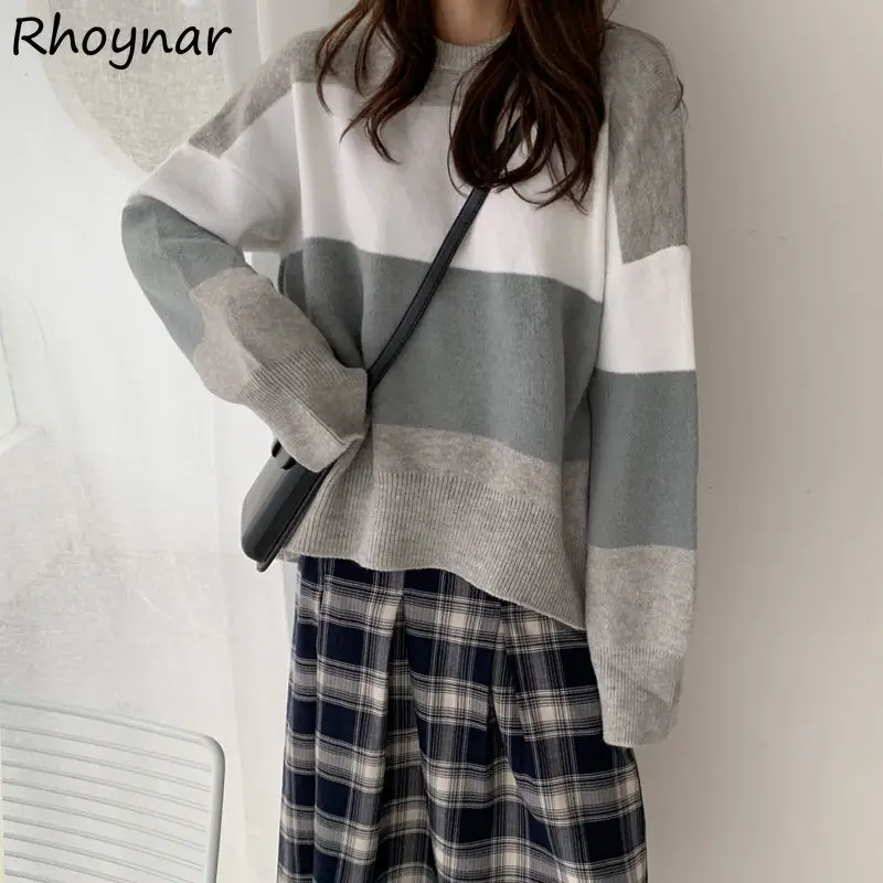 

Pullovers Women Long Sleeve Casual Students Spring O-Neck Patchwork Loose-fitting Cozy Ladies Sweaters All-match Ulzzang Tender