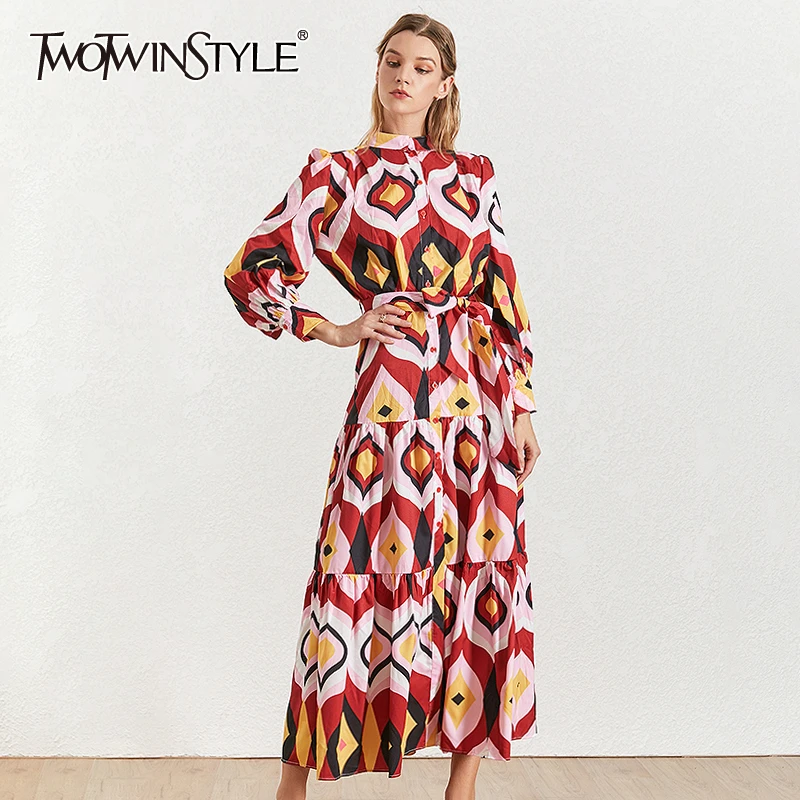 TWOTWINSTYLE Geometric Dress For Women Stand Collar Lantern Sleeve High Waist Bandage Dress Female Summer Fashion New 2019
TWOTWINSTYLE Geometric Dress For Women Stand Collar Lantern Sleeve High Waist Bandage Dress Female Summer Fashion New 2019