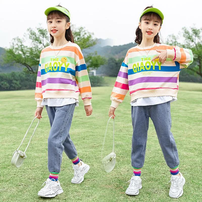Girl Clothes Spring Autumn Outfits 4-14 Years Girl Rainbow Stripes Letter Sweatshirts + Jeans Two-piece Sets Big Girls Clothes
Girl Clothes Spring Autumn Outfits 4-14 Years Girl Rainbow Stripes Letter Sweatshirts + Jeans Two-piece Sets Big Girls Clothes