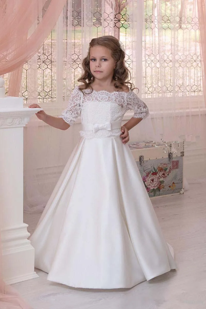 74Flower Girl Dresses For Wedding with Half Sleeves Lace Jacket Strapless A Line Ivory Satin Children Dresses with Bow Sash