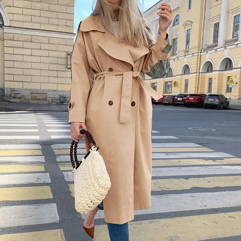 

Causal Light Tan Fashion Autumn Winter Trench Windbreaker Split Joint Elegant Long Sleeve Coat Plaid Long Women Coat with Belt