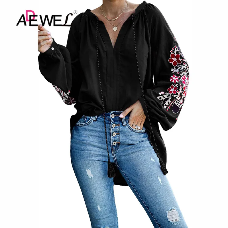 

ADEWEL Long Tops Women Relaxing Fit Embroidered V Neck Floral Print Blouse Top Long Sleeve Casual Loose Autumn Pink Black Shirts