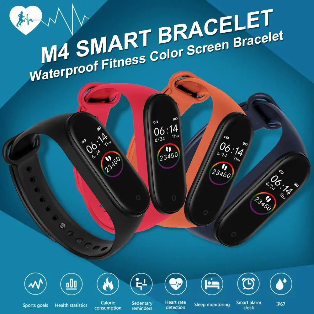 M4 Smart Bracelet Waterproof Fitness Color Screen Bracelet Heart Rate Blood Pressure Monitoring
M4 Smart Bracelet Waterproof Fitness Color Screen Bracelet Heart Rate Blood Pressure Monitoring