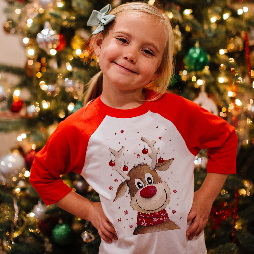

Merry Christmas Kids Long Sleeve Raglan T Shirts Toddler Boys Girls Unisex Graphic Cartoon Xmas Deer Tees Holiday Party Gift Top