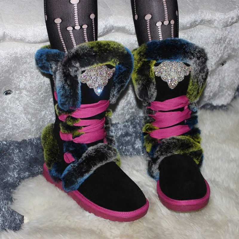 Womens Round Toe Rhinestones Sequins Crystal Ankle Boots Real Rabbit Fur Genuine Leather Match Colors Warm Winter Snow Shoes
Womens Round Toe Rhinestones Sequins Crystal Ankle Boots Real Rabbit Fur Genuine Leather Match Colors Warm Winter Snow Shoes