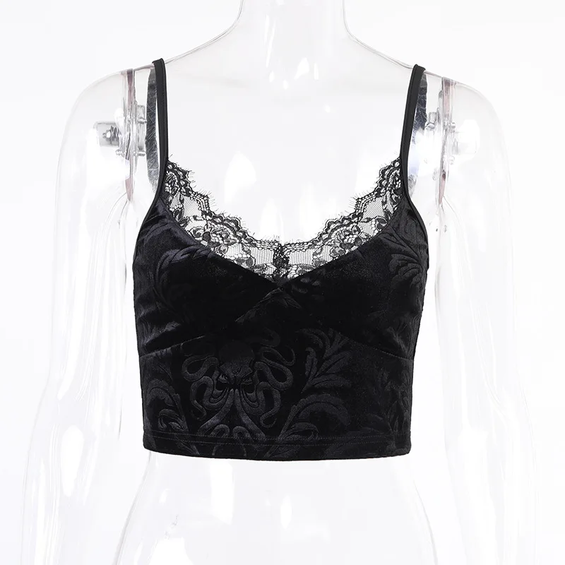 Black Gothic Camis Deep V Neck Sexy Short-length Strap Lace Hipster Outdoor Goth Camisole Women Basic Top 2021 Summer Lady Cool Black Gothic Camis Deep V Neck Sexy Short-length Strap Lace Hipster Outdoor Goth Camisole Women Basic Top 2021 Summer Lady Cool