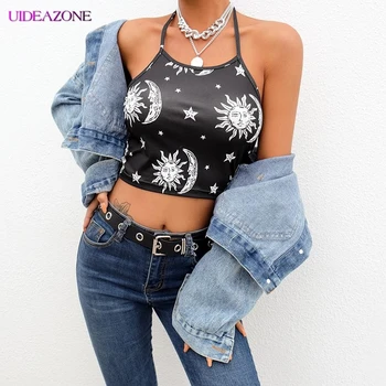 Gothic Style Women Two Piece Set Lace up Halter With Shorts Moon Star Print Summer Lady Fashion Punk Dark Highstreet Outwear 
Gothic Style Women Two Piece Set Lace up Halter With Shorts Moon Star Print Summer Lady Fashion Punk Dark Highstreet Outwear