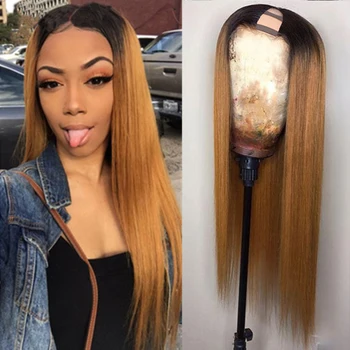 

1B/27 U Part 100% Human Hair Wigs Brazilian Straight Ombre Brown Glueless Full Lace 100% Unprocessed 360 Frontal Blonde Hair Wig