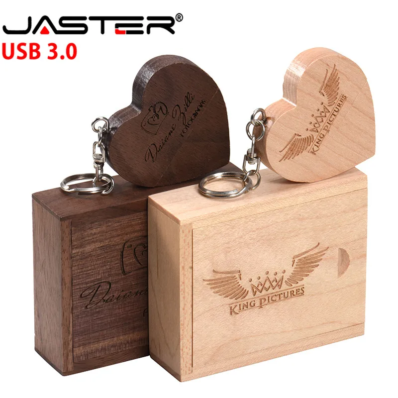 

JASTER USB 3.0 (over 10 PCS free LOGO) walnut wooden heart + gift box USB flash drive USB creative pendrive 8GB 16GB 32GB 64GB