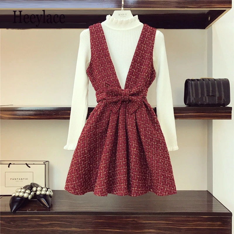 Ladies Brand Knitted Pullover Top And Red Plaid Short Dress Women Winter Sweet Big Bowknot Vest Dress Wool Tweed Overalls Dress
Ladies Brand Knitted Pullover Top And Red Plaid Short Dress Women Winter Sweet Big Bowknot Vest Dress Wool Tweed Overalls Dress