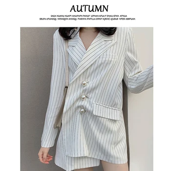 2020 Korean version of the loose vertical stripes pearl buckle lapel suit jacket temperament wild mid-length suit women