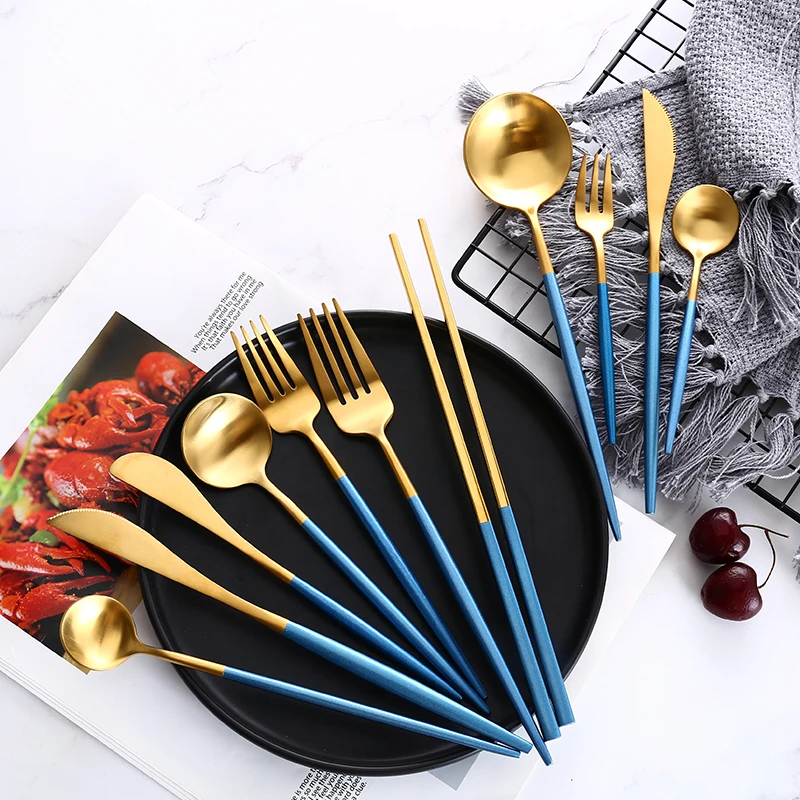 Blue Gold Steak Knife Fork Coffee Spoon Teaspoon Food Tableware Set Noble Western Wedding Party Home Upscale Gold Cutlery Set
Blue Gold Steak Knife Fork Coffee Spoon Teaspoon Food Tableware Set Noble Western Wedding Party Home Upscale Gold Cutlery Set