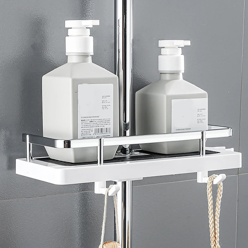 

Shower Shelf Shampoo Rack Lifting Rod Organizer Shelf With Hooks Soap Holder Bathroom Accessories Kitchen Storage Rack