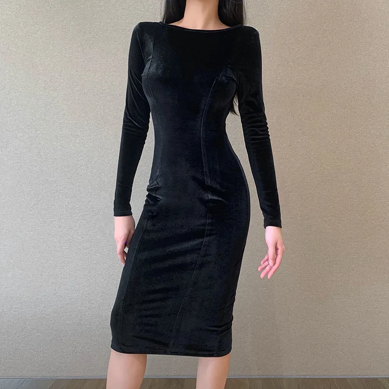 Autumn New Bow Ribbon Ribbon Backless Sexy Solid Color Dress Round Neck Long Sleeve Mid-length Skirt Female Senior Temperament 
Autumn New Bow Ribbon Ribbon Backless Sexy Solid Color Dress Round Neck Long Sleeve Mid-length Skirt Female Senior Temperament