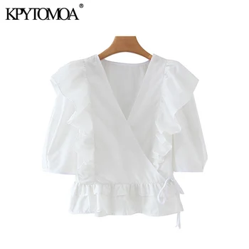 KPYTOMOA Women 2020 Sweet Fashion Ruffled White Blouses Vintage V Neck Short Sleeve Side Tied Female Shirts Blusas Chic Tops 
KPYTOMOA Women 2020 Sweet Fashion Ruffled White Blouses Vintage V Neck Short Sleeve Side Tied Female Shirts Blusas Chic Tops