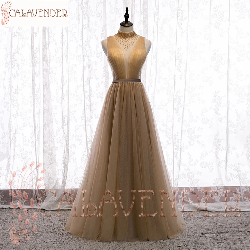 Illusion Beaded Elegant Women's Dresses for Party A Line Champagne Prom Dress Floor Length vestidos de noche 
Illusion Beaded Elegant Women's Dresses for Party A Line Champagne Prom Dress Floor Length vestidos de noche