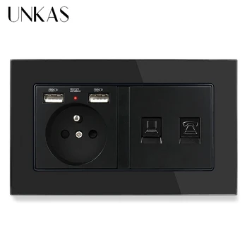 UNKAS Glass Panel French Socket With Dual USB Charge Port + RJ45 Internet Computer Jack And RJ11 2 Core Telephone Connector
UNKAS Glass Panel French Socket With Dual USB Charge Port + RJ45 Internet Computer Jack And RJ11 2 Core Telephone Connector