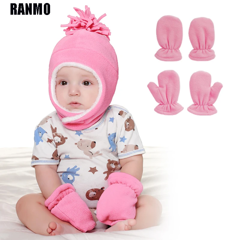 RANMO 2 Pcs/Set Baby Hats Mittens Winter Plus Velvet Thicken Warm Kids Knitted Beanie Caps Boys Girls Wool Hat Gloves Set | Аксессуары