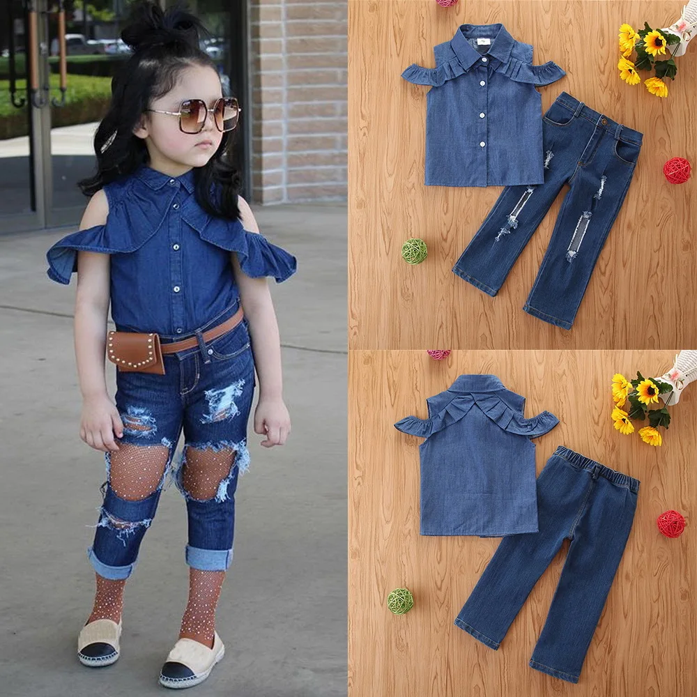 Summer 7 Years old Kids Clothes for Girls jeans Set Children Clothing Suit 2 Piece Shirt+Hole Denim Pants Baby Girl Clothes D30
Summer 7 Years old Kids Clothes for Girls jeans Set Children Clothing Suit 2 Piece Shirt+Hole Denim Pants Baby Girl Clothes D30